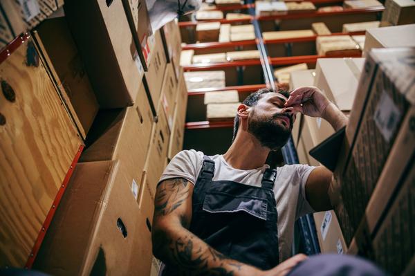 Erschöpfter Mann ruht sich auf der Arbeit aus